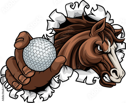 Horse mustang bronco stallion angry golf sports team mascot holding a ball.