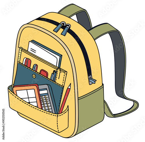 Yellow Backpack with School Supplies and Calculator

