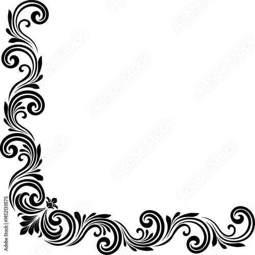 A filigree heraldic crest motif floral pattern corner border frame design element. Original design in a vintage style.
