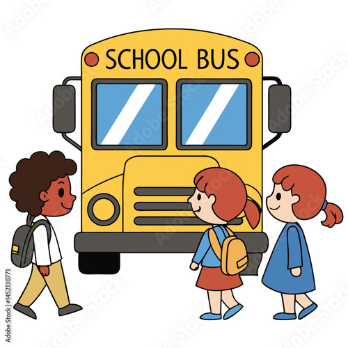 Colorful Cartoon School Bus with Children and Trees

