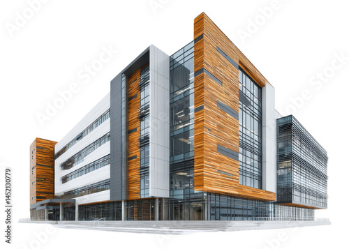 Modern office building with glass windows and wood facade isolated on transparent background, architecture, business, corporate.