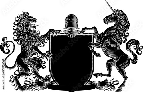 A heraldry crest lion and unicorn horse family coat of arms heraldic shield emblem design in an old medieval vintage style