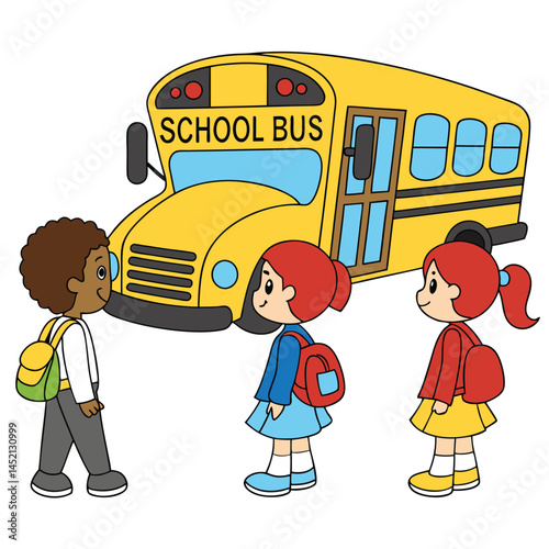 Colorful Cartoon School Bus with Children and Trees

