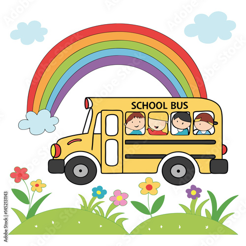 Colorful Cartoon School Bus with Children and Trees

