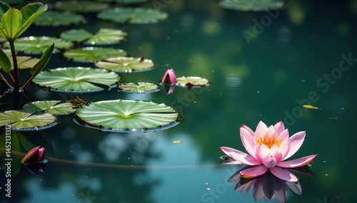 Intricate floral pattern of water plants reflected in still lake water, yellow, blossom