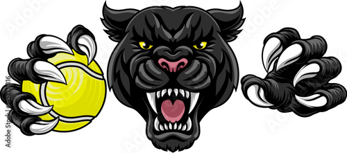 Black panther leopard or jaguar cat tennis sports team mascot holding a ball