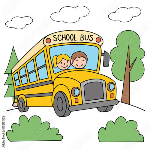Colorful Cartoon School Bus with Children and Trees

