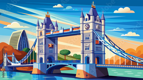 Across the Thames it proudly stands,
A marvel built by British hands.
Gothic towers, bold and grand,
Tower Bridge reigns o'er river and land.