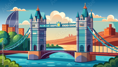 Across the Thames it proudly stands,
A marvel built by British hands.
Gothic towers, bold and grand,
Tower Bridge reigns o'er river and land.