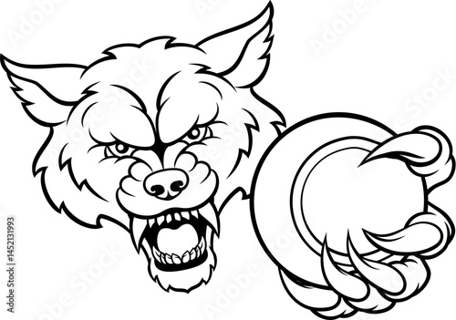 A wolf angry animal sports mascot holding a tennis ball