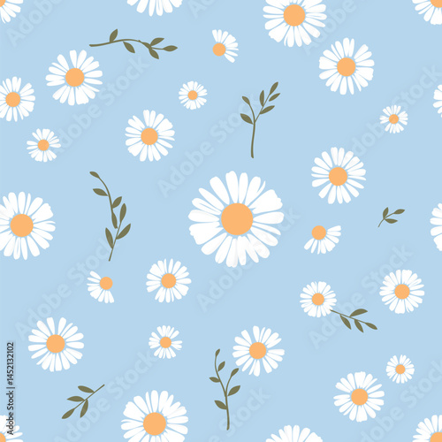 Seamless pattern with daisy chamomile flower and green branches on blue background vector. Cute hand drawn floral print.