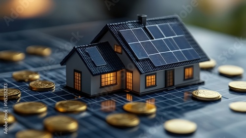 Miniature house with solar panels illuminated at night, surrounded by coins on a blueprint