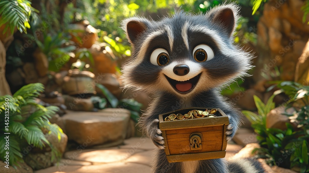 Fototapeta premium Cute cartoon raccoon holding a treasure chest full of gold coins in a lush garden.