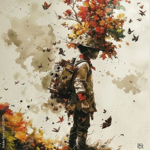 Child with autumnal tree-crown, backpack, and butterflies