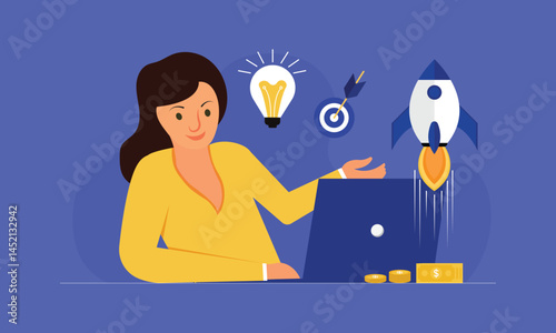 Businesswoman launching startup, investing money in new project concept