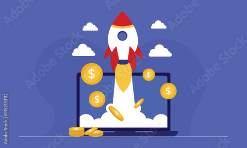 Revenue increase, income growth or return on investment money vector concept with laptop
