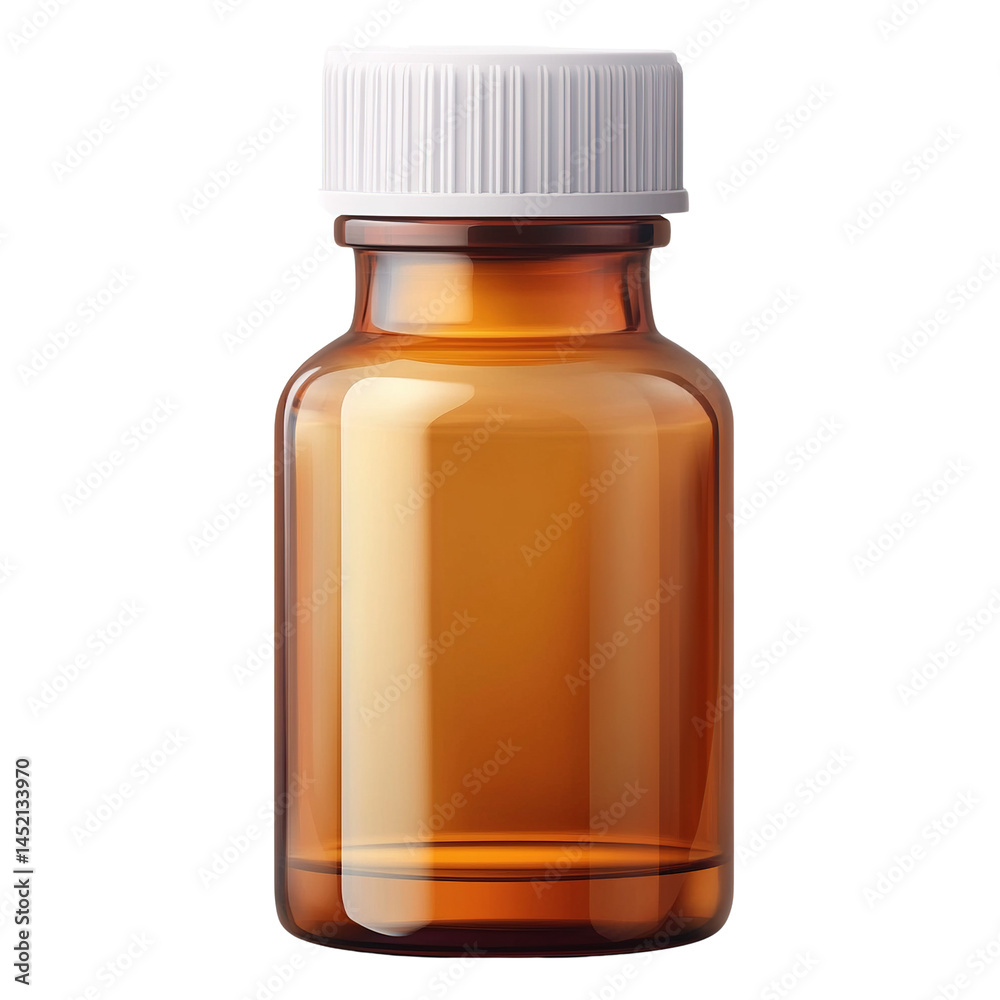 Fototapeta premium Amber glass bottle with white cap reflecting studio lighting on black background