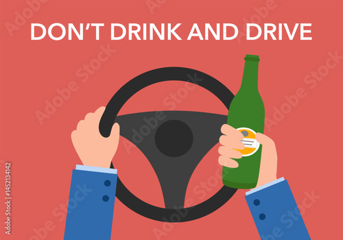 Stop alcohol in car, prohibition drunk driving, don't drink and drive concept. Man holding beer bottle in car vector illustration.