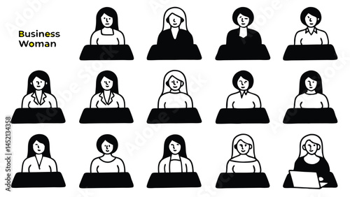 Business Woman stroke icon set. Contains such Icons as Handshake, Meeting, Support, Performance, Communicate, Female Leader and more.