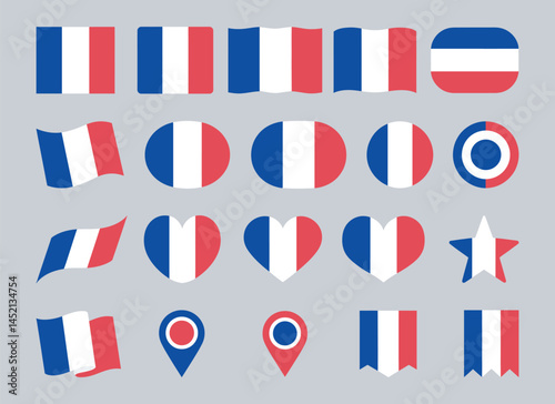 French Flag Vector Icon Collection, Flag of France set, collection of design elements in different shapes for french public and national holidays