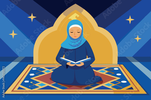A peaceful scene of a Muslim woman reading the Quran in a prayerful posture on a prayer rug, symbolizing devotion and faith