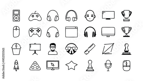 Game Editable Stroke icon set. Gaming icon elements containing points and life bars, VR Games, Cloud Gaming, console, player, chess, multiplayer, casino and mobile game icons.