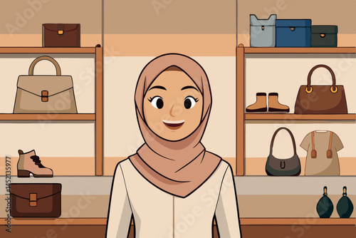 Confident Muslim woman in hijab, owner of a boutique, standing in front of shelves filled with leather bags and fashion accessories
