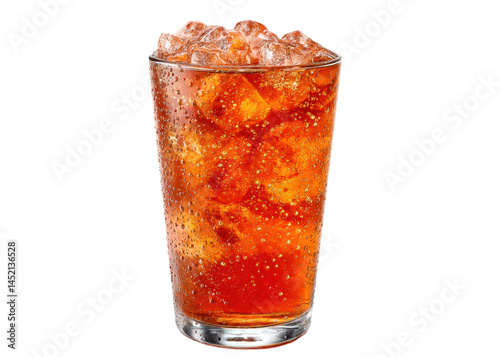 Glass of bubbly orange soda with ice cubes, isolated on transparent background. Refreshment, drink, beverage.