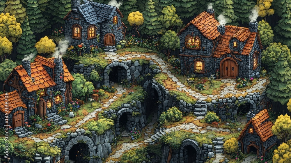Obraz premium Charming stone village nestled in a lush forest, winding paths, arched tunnels, autumn foliage.