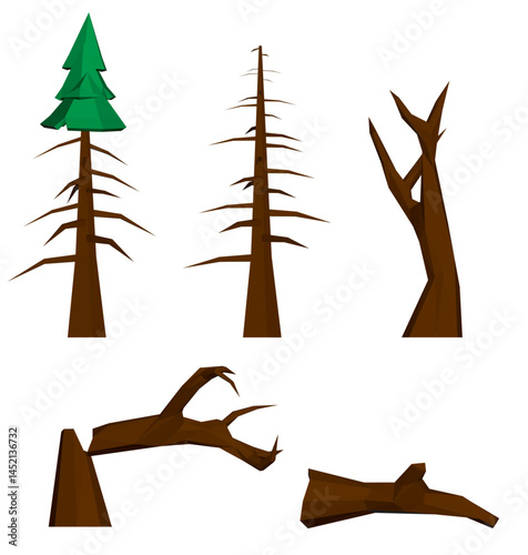 A series of different types of trees, including a green pine tree and a dead tree. The dead tree has a lot of branches and is almost completely brown. The other trees are also brown