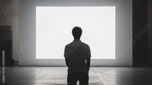 Individual stands in solitude before a bright, isolated white canvas in a minimalist indoor space showcasing creative potential