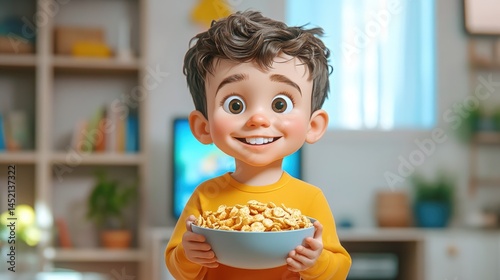 Cheerful child holding a bowl of cereal in a bright kitchen setting during morning hours
