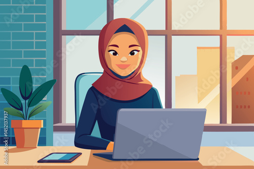 Professional Muslim woman in hijab sitting at her office desk, working on a laptop with a plant and tablet on the desk