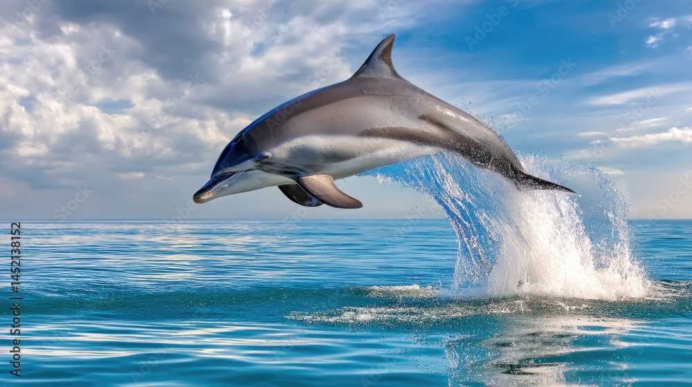Fototapeta premium Dolphin leaps gracefully out of clear blue water against a serene sky