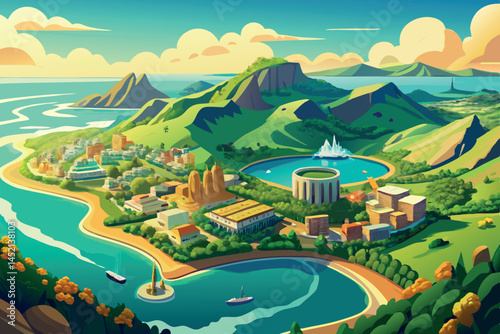 coastal city surrounded by turquoise waters with golden beaches, lush hills, and modern architecture under a beautiful sky