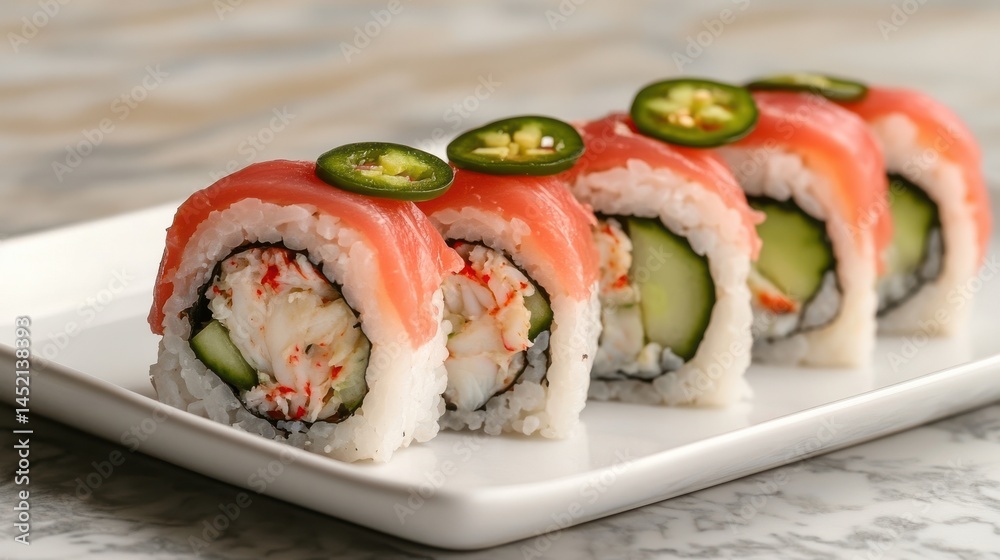 Sushi roll with crab, avocado, and jalapeño on white plate Sushi roll with crab, avocado, and jalapeño on white plate