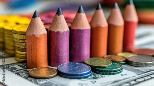 Colorful pencils standing on coins and dollar bills representing education costs.