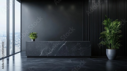 Modern office reception desk, city view, plants