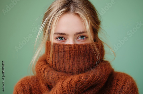 Photograph of a blonde woman wearing a pink sweater and a brown scarf covering her face, set against a pastel-colored background.