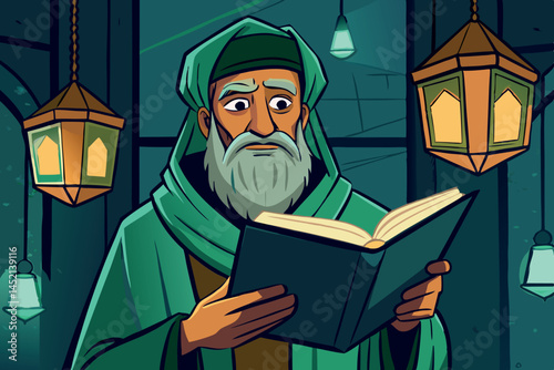 Senior man in Middle Eastern robes with a long white beard, reading a book under soft lantern light