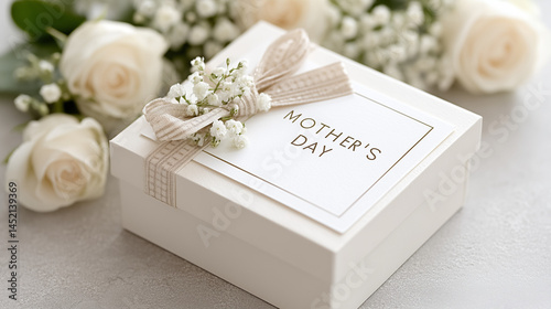 3w Elegant flat lay of Mother’s Day gift box, greeting card, and blooming roses
