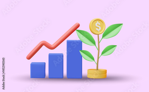 3D illustration vector render of uptrend graph icon placed next to growing money tree. Concept of financial growth, investment success, passive income, planning, business, assets.