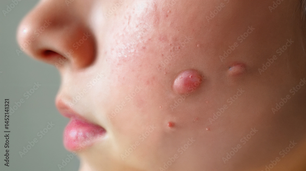 Detailed close-up of a pimple on facial skin, highlighting acne and skin texture issues. Detailed close-up of a pimple on facial skin, highlighting acne and skin texture issues.