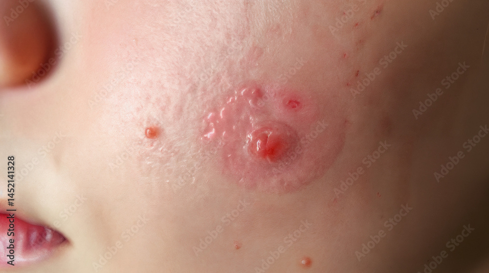 Detailed close-up of a pimple on facial skin, highlighting acne and skin texture issues. Detailed close-up of a pimple on facial skin, highlighting acne and skin texture issues.