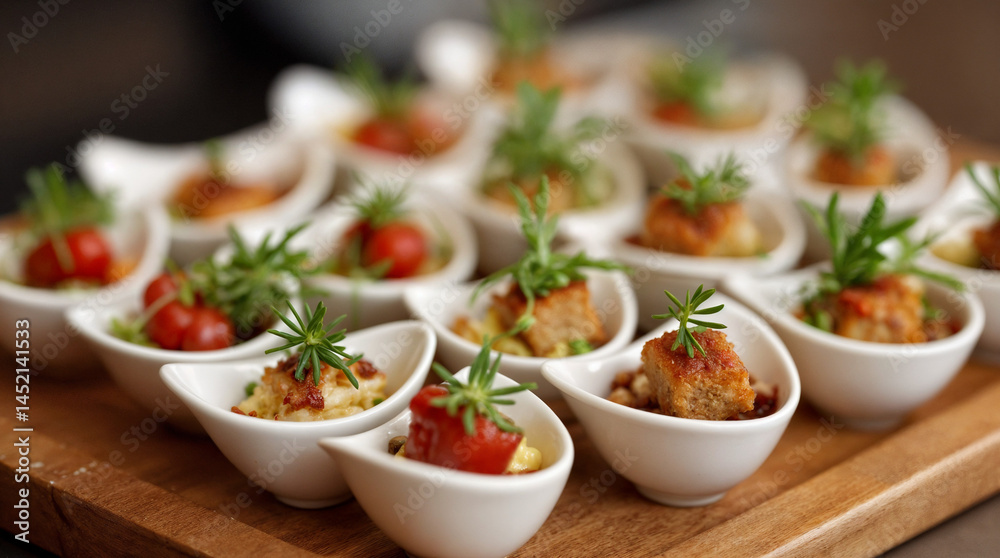 A close-up view of a beautifully arranged assortment of gourmet appetizers served in small white bowls on a wooden tray. The appetizers are elegantly garnished with microgreens. A close-up view of a beautifully arranged assortment of gourmet appetizers served in small white bowls on a wooden tray. The appetizers are elegantly garnished with microgreens.