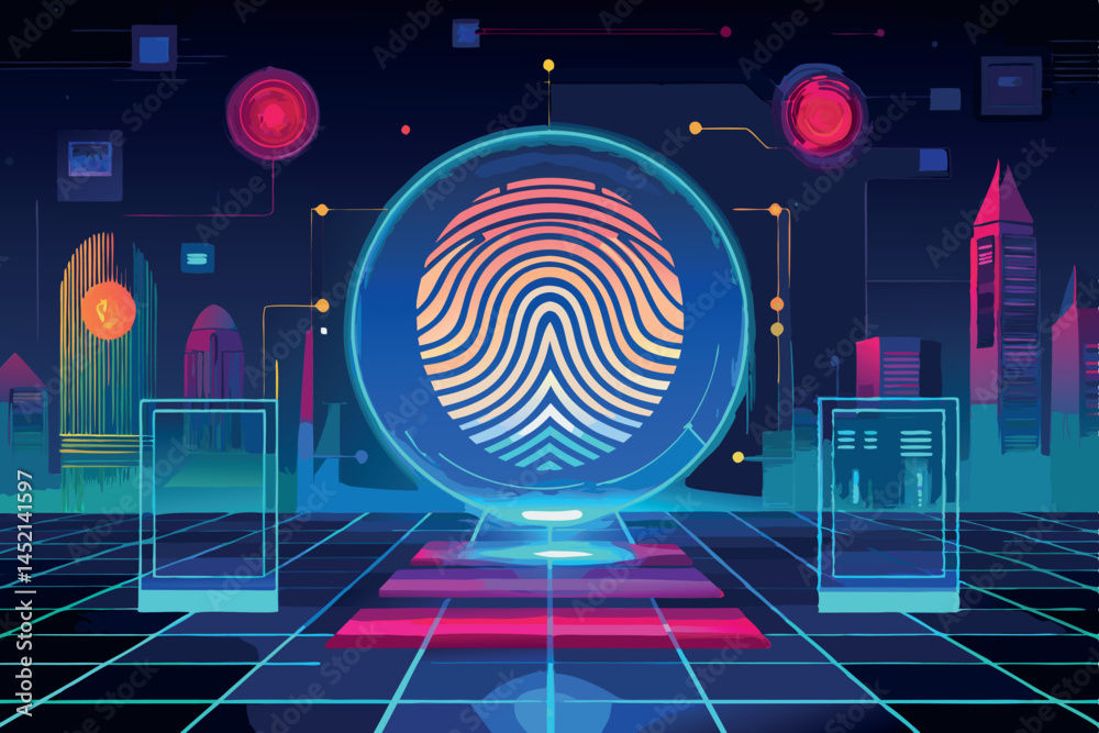 Fototapeta premium Advanced biometric fingerprint recognition system with cyberpunk design, glowing neon effects, and digital identity verification technology