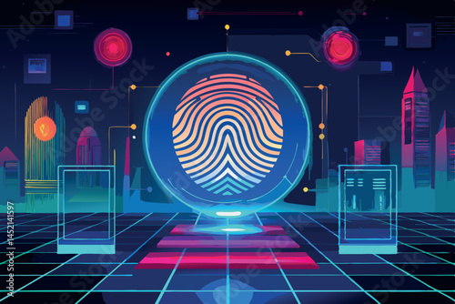 Advanced biometric fingerprint recognition system with cyberpunk design, glowing neon effects, and digital identity verification technology