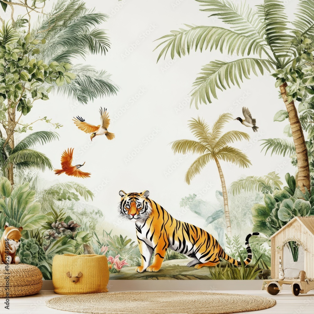 Jungle, tropical illustration. Tiger, panther, birds, palm trees, flowers. Safari wild African animals. Amazon forest animal illustration on wallpaper for kids room, interior design Jungle, tropical illustration. Tiger, panther, birds, palm trees, flowers. Safari wild African animals. Amazon forest animal illustration on wallpaper for kids room, interior design