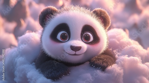 Adorable baby panda nestled in fluffy clouds at sunset.