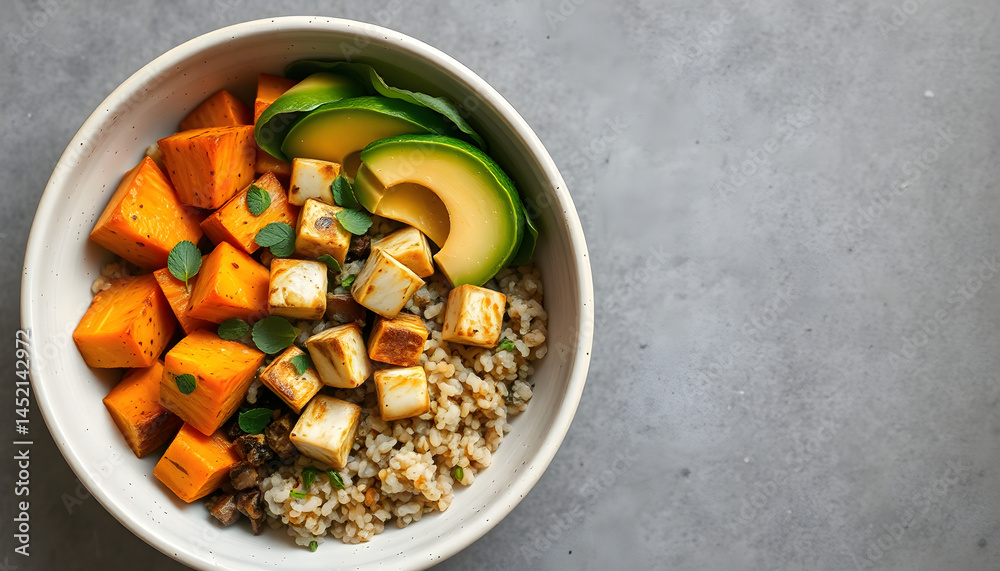 Fototapeta premium Buddha bowl with quinoa, tofu, avocado, sweet potato, brussels sprouts and tahini dressing, top view. Healthy vegan food concept, vector style. with white shades